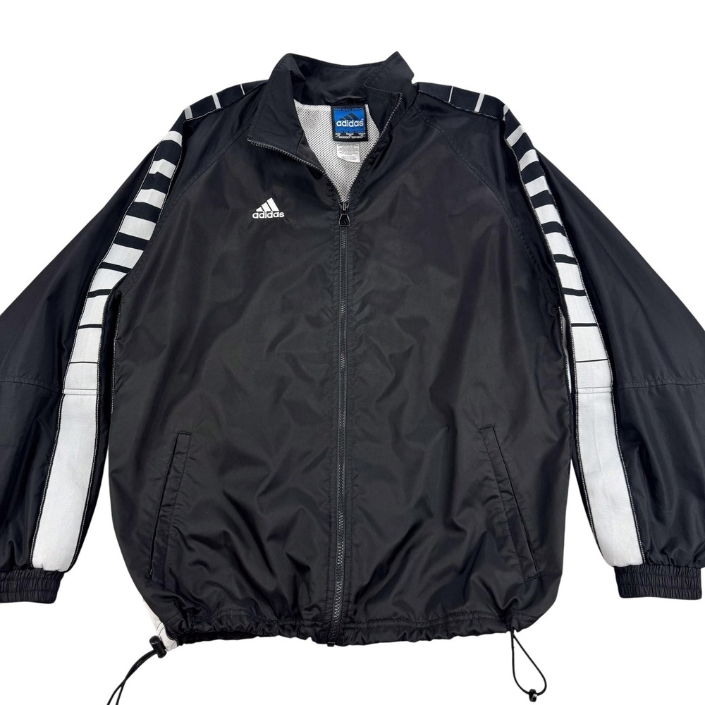 VTG Adidas Jacket Mens Medium Black Windbreaker Striped Soccer Athletic Y2K 90s